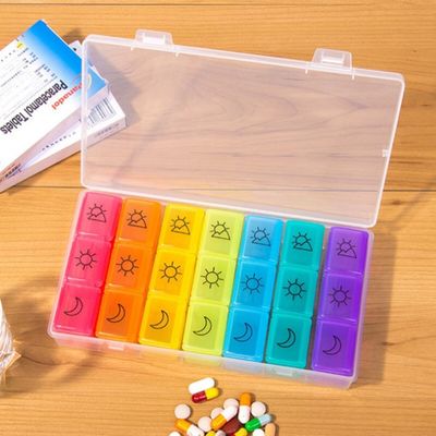 14 Day 2 Week Plastic Pill Dispenser Case For Seniors Colorful 21 Compartments
